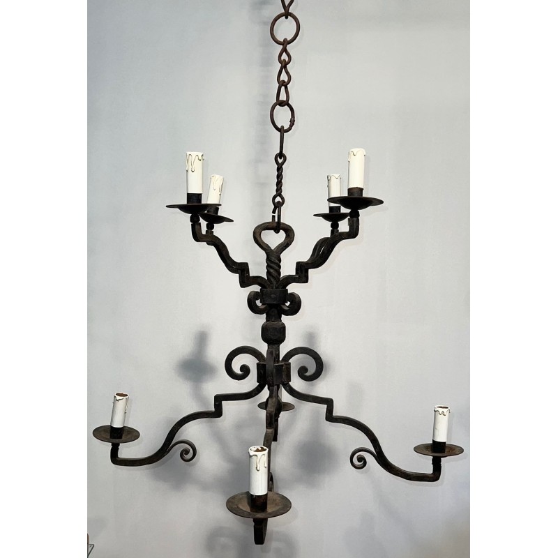Lustre Fer Forgé Gothique à 2 Niveaux et 8 Bras, Travail Français, vers 1940 – Maison BARROIS