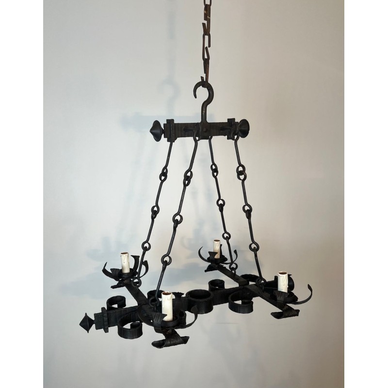 Four-Light Gothic Style Wrought Iron Chandelier, French Work, circa 1940 – Maison BARROIS