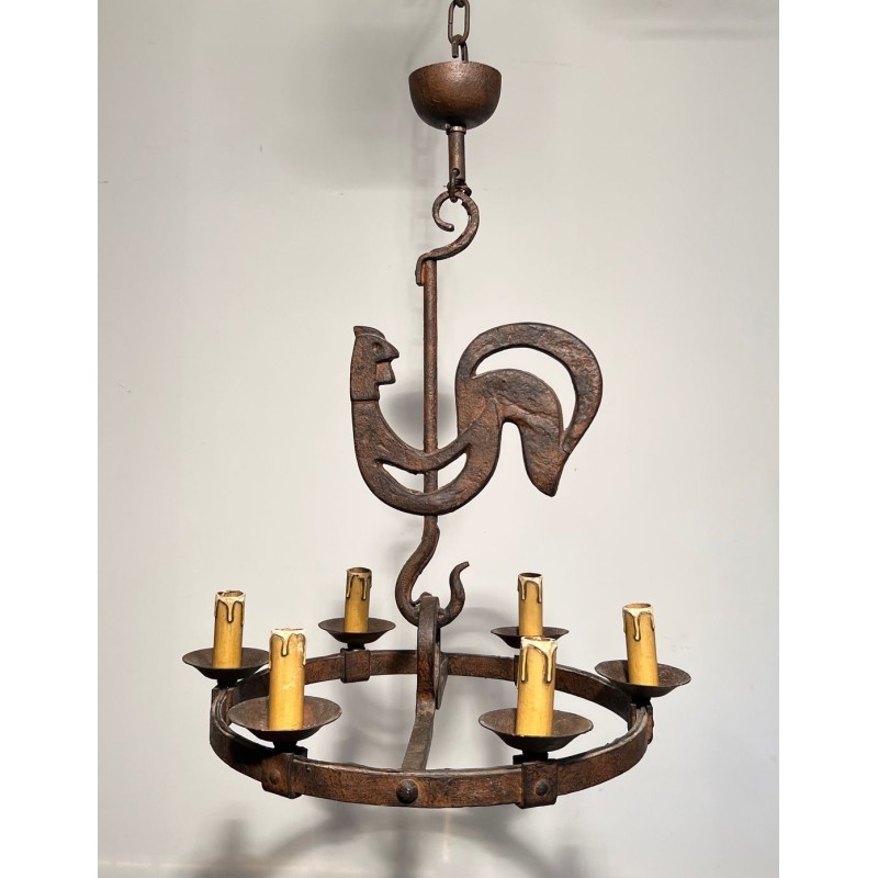 Wrought Iron Rooster Chandelier, Jean Touret for Atelier Marolles, circa 1950 – Maison BARROIS