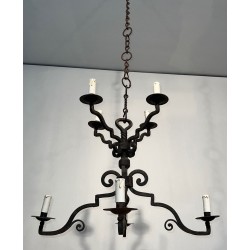 Lustre Fer Forgé Gothique à 2 Niveaux et 8 Bras, Travail Français, vers 1940 – Maison BARROIS