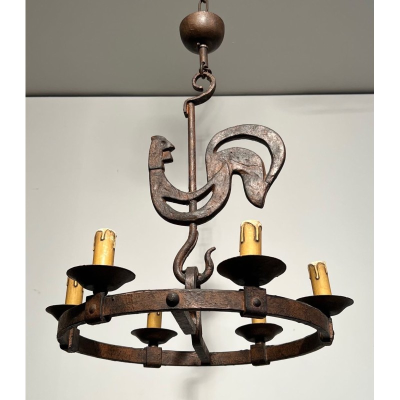 Wrought Iron Rooster Chandelier, Jean Touret for Atelier Marolles, circa 1950 – Maison BARROIS