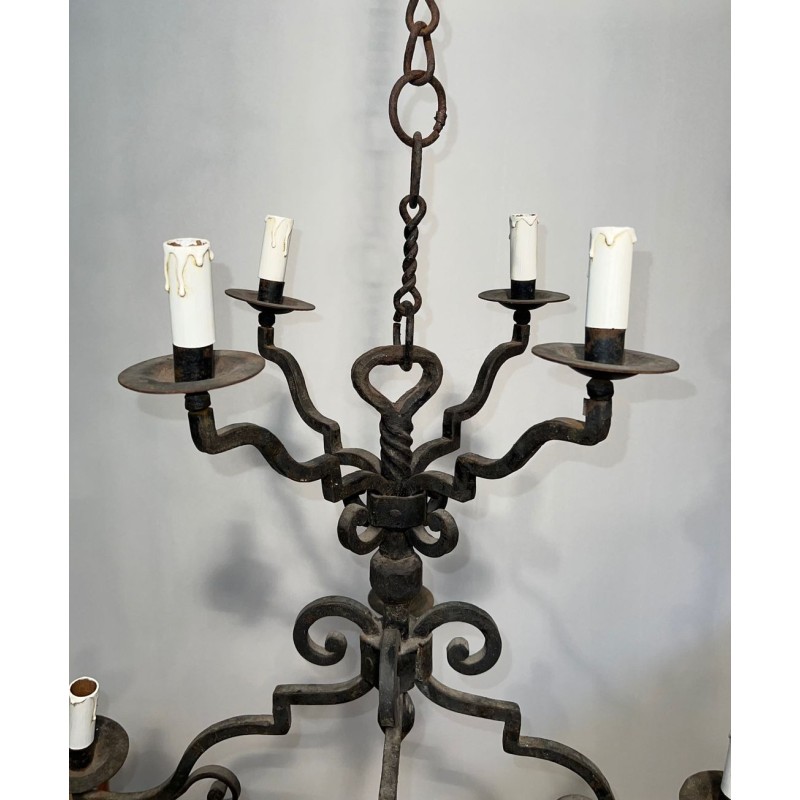 Eight-Light Two-Tier Gothic Wrought Iron Chandelier, French Work, circa 1940 – Maison BARROIS