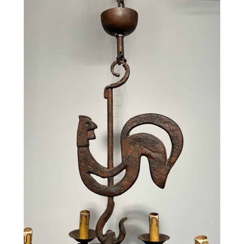 Wrought Iron Rooster Chandelier, Jean Touret for Atelier Marolles, circa 1950 – Maison BARROIS