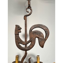 Wrought Iron Rooster Chandelier, Jean Touret for Atelier Marolles, circa 1950 – Maison BARROIS