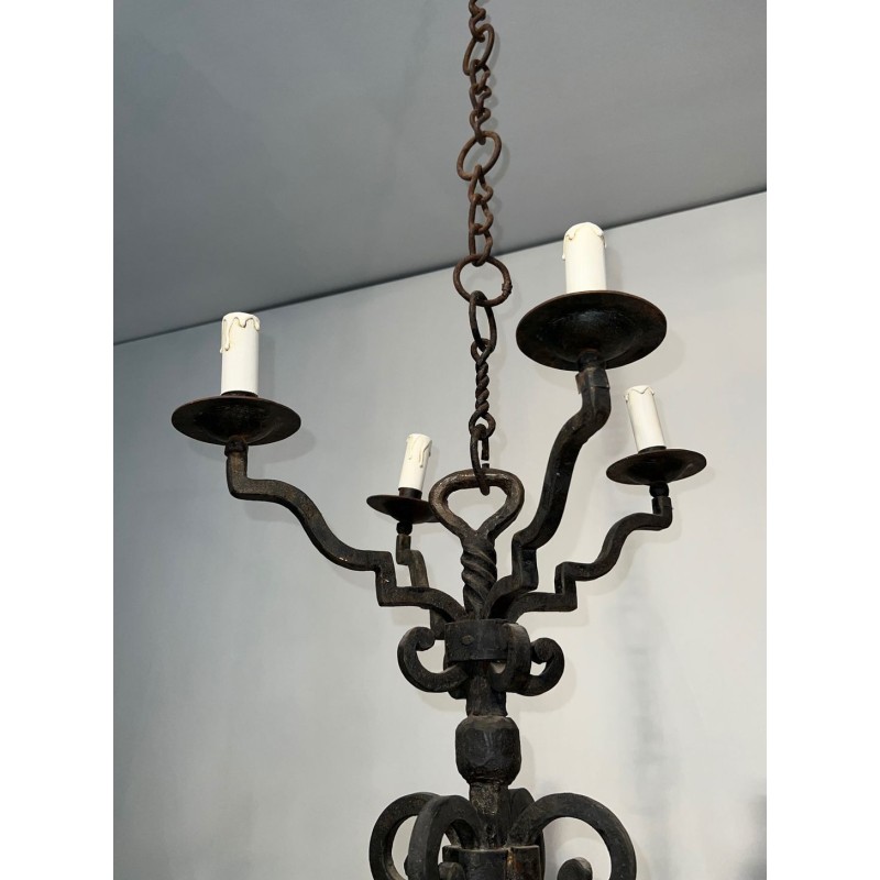Eight-Light Two-Tier Gothic Wrought Iron Chandelier, French Work, circa 1940 – Maison BARROIS