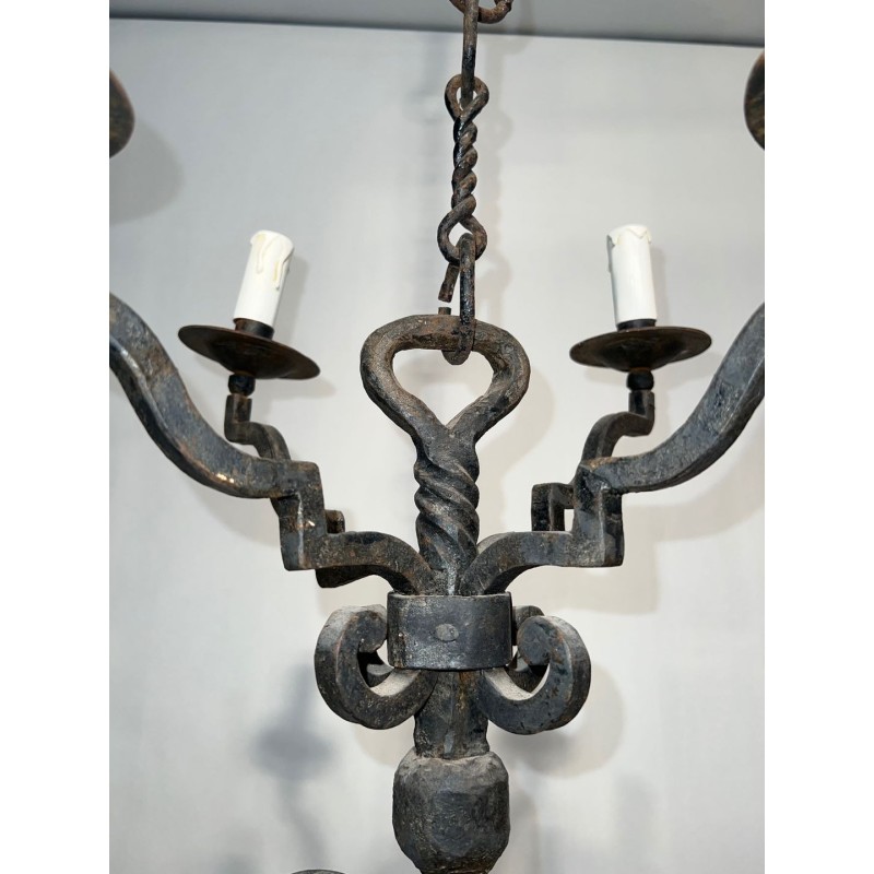Eight-Light Two-Tier Gothic Wrought Iron Chandelier, French Work, circa 1940 – Maison BARROIS