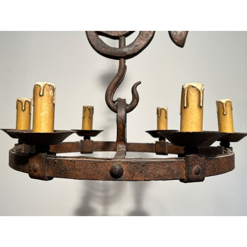 Wrought Iron Rooster Chandelier, Jean Touret for Atelier Marolles, circa 1950 – Maison BARROIS