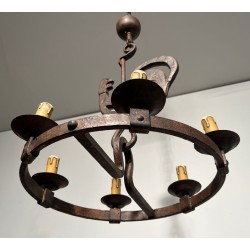 Wrought Iron Rooster Chandelier, Jean Touret for Atelier Marolles, circa 1950 – Maison BARROIS