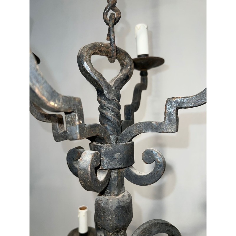 Eight-Light Two-Tier Gothic Wrought Iron Chandelier, French Work, circa 1940 – Maison BARROIS