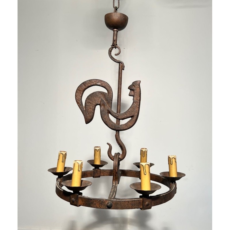 Wrought Iron Rooster Chandelier, Jean Touret for Atelier Marolles, circa 1950 – Maison BARROIS
