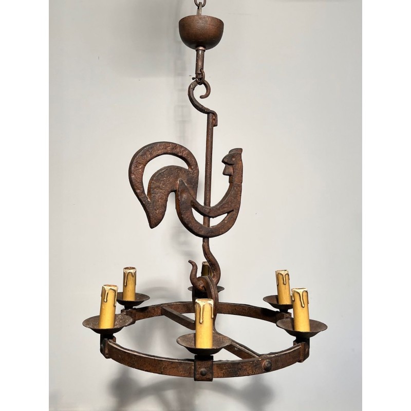 Wrought Iron Rooster Chandelier, Jean Touret for Atelier Marolles, circa 1950 – Maison BARROIS