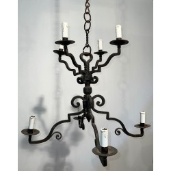 Lustre Fer Forgé Gothique à 2 Niveaux et 8 Bras, Travail Français, vers 1940 – Maison BARROIS