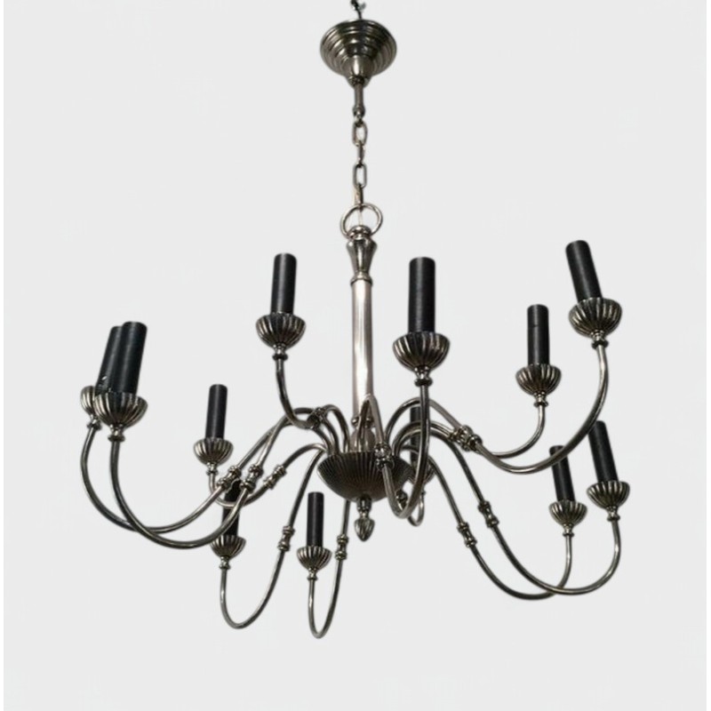 Lustre de Style Néoclassique en Métal Argenté à 12 Bras de Lumière