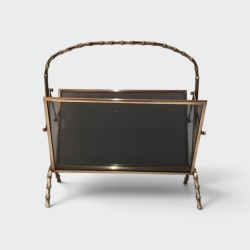 Brass Faux-Bamboo Magazine Rack with Tinted Glass, Maison Baguès, c. 1940