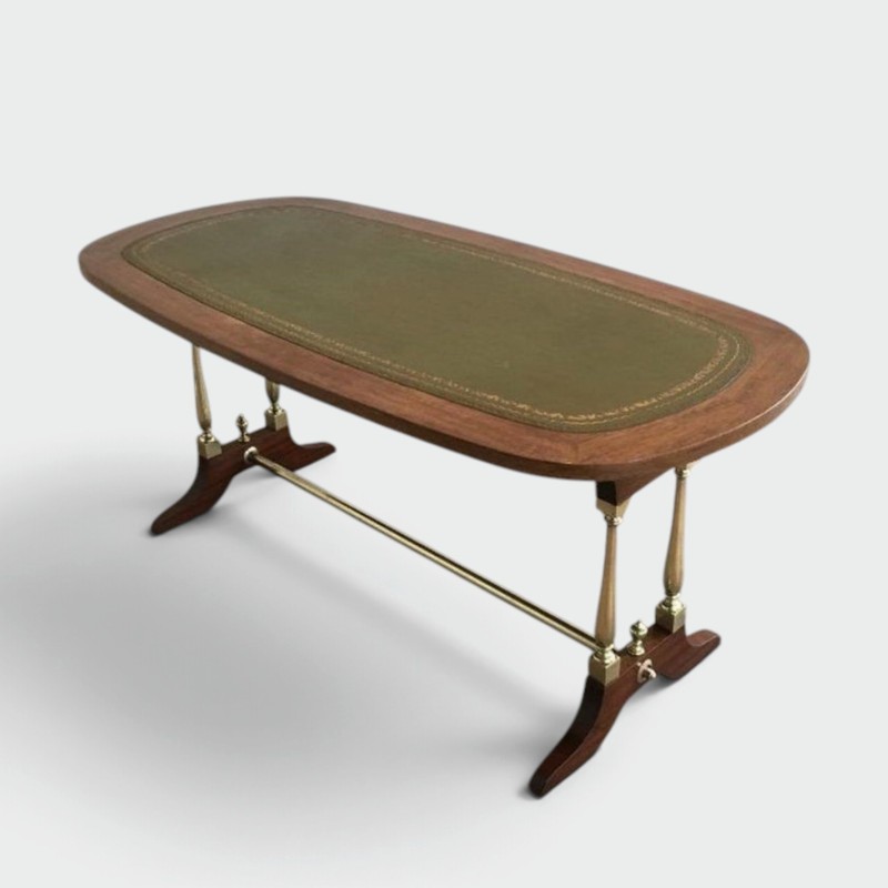 Table Basse Néoclassique en Bois, Laiton et Cuir