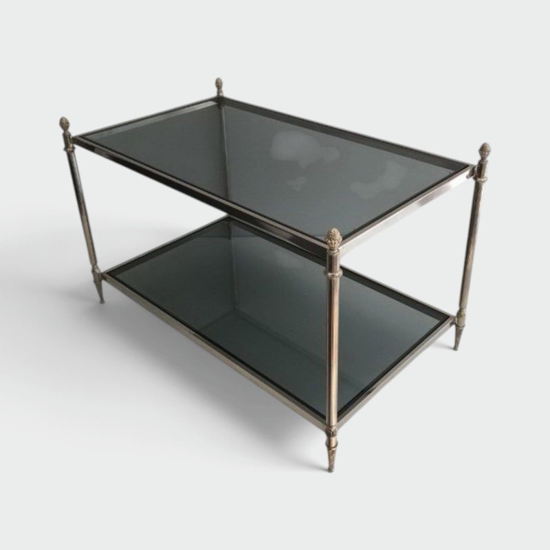Table Basse Néoclassique Argentée à Plateaux de Verres Bleutés