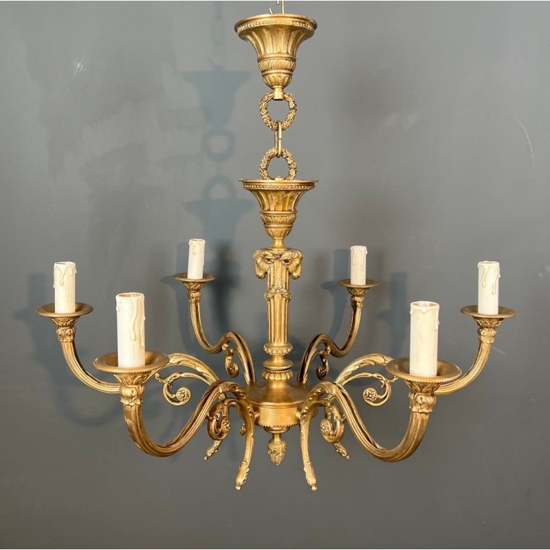 Bronze Chandelier with Ram’s Heads, Louis XVI Style, Manner of Maison Jansen, circa 1940 – Maison BARROIS