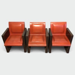 Suite Trois Fauteuils Cuir Brun Orange France 1970