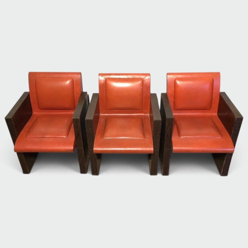 Suite Three Brown Orange Leather Armchairs French 1970
