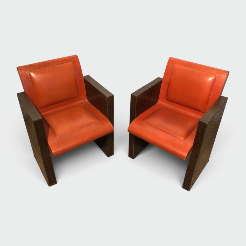 Pair Brown & Orange Leather Armchairs, c.1970