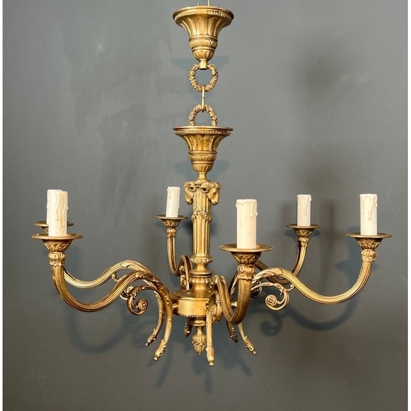 Bronze Chandelier with Ram’s Heads, Louis XVI Style, Manner of Maison Jansen, circa 1940 – Maison BARROIS
