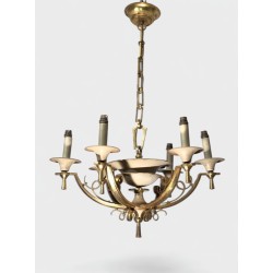 Lustre à Six Bras en Laiton et Métal Laqué Crème, France vers 1940