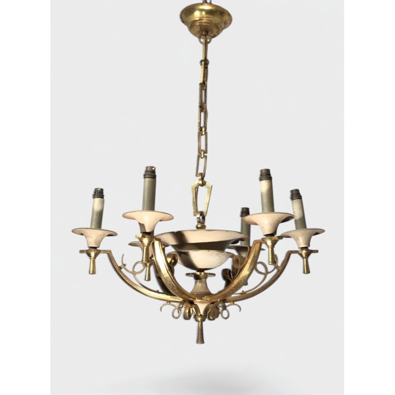 Lustre à Six Bras en Laiton et Métal Laqué Crème, France vers 1940