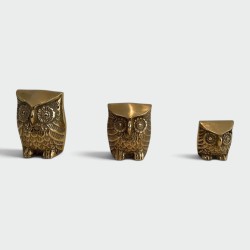 Set of Three Small Decorative Brass Owls, French Work, circa 1970