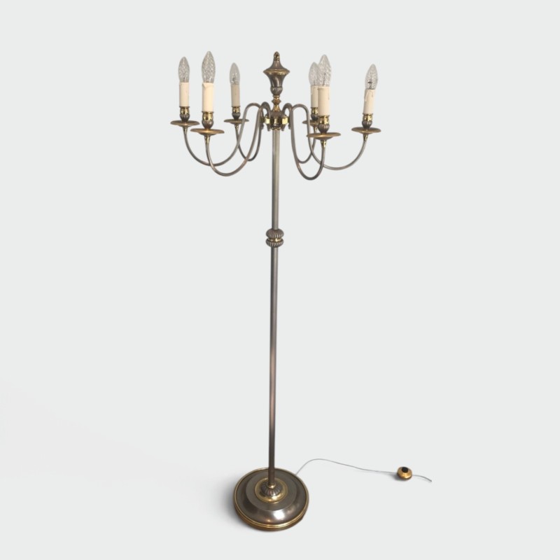 Neoclassical Silvered Metal and Brass Six-Light Floor Lamp, French Work, circa 1940