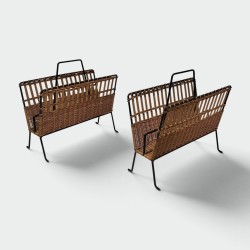 Paire de Porte-Revues en Métal Laqué Noir et Rotin - Maison Barrois