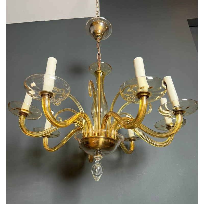 Lustre en Cristal de Murano Ambré à 8 Bras, Travail Italien, vers 1970 – Maison BARROIS