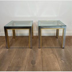 Pair of Side Tables in Chrome and Brass with a Glass Top by Willy Rizzo, 1970s