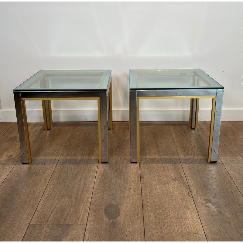 Paire de Bouts de Canapé en Chrome et Laiton à Plateau de Verre par Willy Rizzo. Années 1970