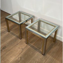 Pair of Side Tables in Chrome and Brass with a Glass Top by Willy Rizzo, 1970s