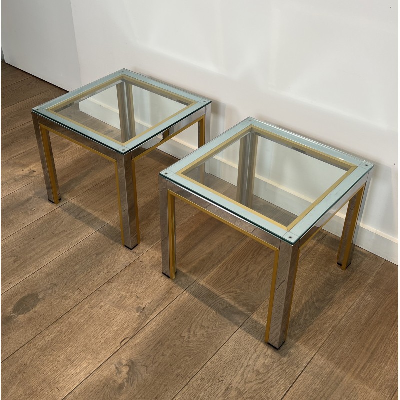 Paire de Bouts de Canapé en Chrome et Laiton à Plateau de Verre par Willy Rizzo. Années 1970