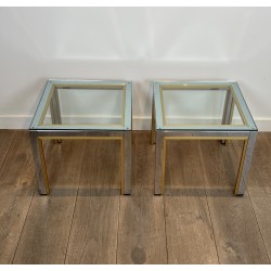 Pair of Side Tables in Chrome and Brass with a Glass Top by Willy Rizzo, 1970s