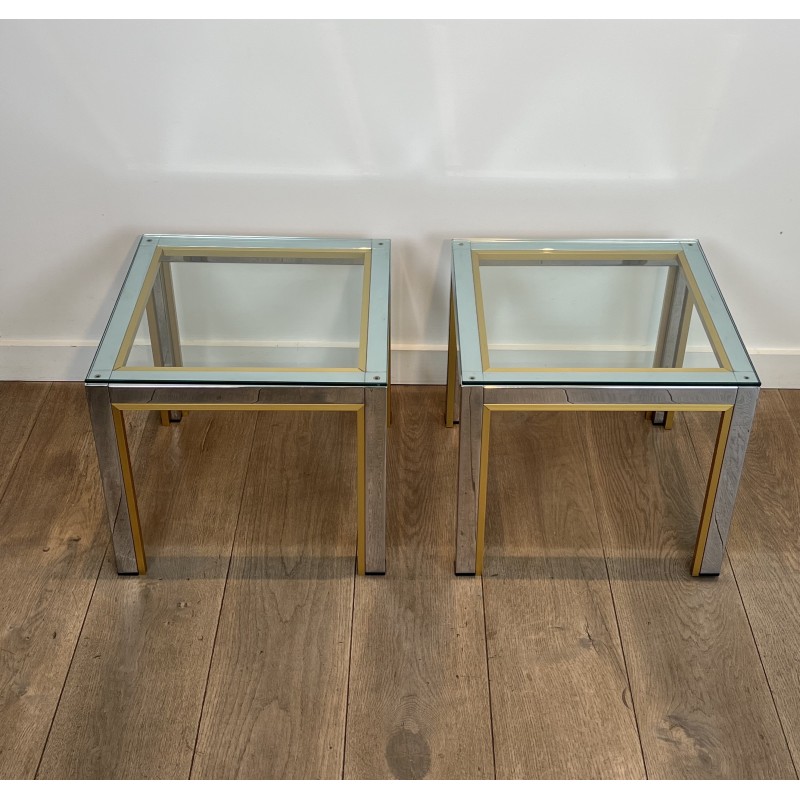 Pair of Side Tables in Chrome and Brass with a Glass Top by Willy Rizzo, 1970s