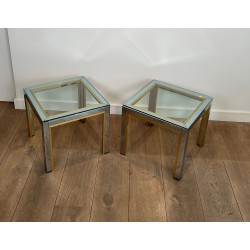 Pair of Side Tables in Chrome and Brass with a Glass Top by Willy Rizzo, 1970s