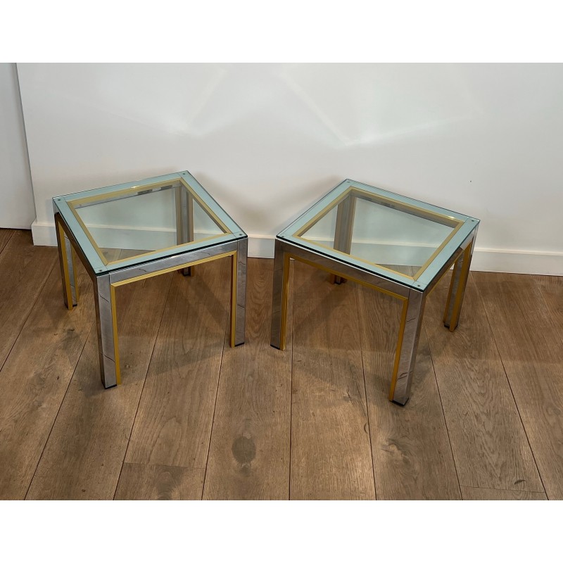Pair of Side Tables in Chrome and Brass with a Glass Top by Willy Rizzo, 1970s