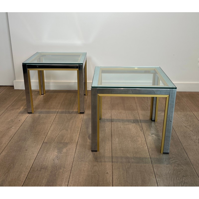 Paire de Bouts de Canapé en Chrome et Laiton à Plateau de Verre par Willy Rizzo. Années 1970