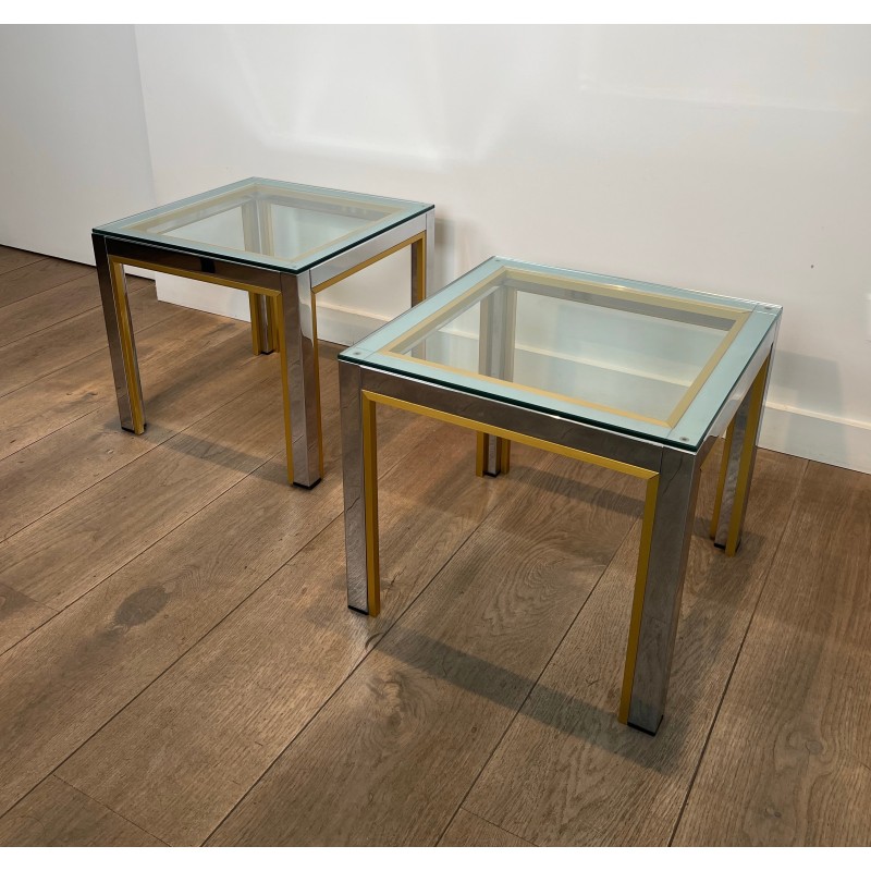Paire de Bouts de Canapé en Chrome et Laiton à Plateau de Verre par Willy Rizzo. Années 1970