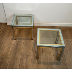 Paire de Bouts de Canapé en Chrome et Laiton à Plateau de Verre par Willy Rizzo. Années 1970