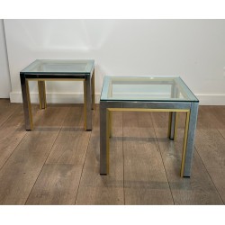 Paire de Bouts de Canapé en Chrome et Laiton à Plateau de Verre par Willy Rizzo. Années 1970