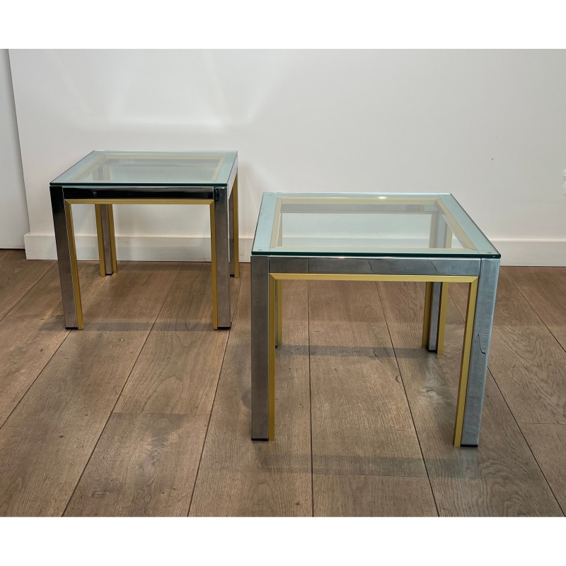 Paire de Bouts de Canapé en Chrome et Laiton à Plateau de Verre par Willy Rizzo. Années 1970