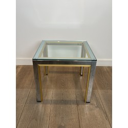 Paire de Bouts de Canapé en Chrome et Laiton à Plateau de Verre par Willy Rizzo. Années 1970