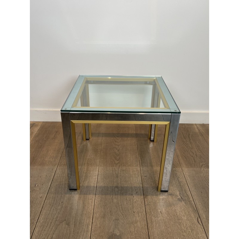 Paire de Bouts de Canapé en Chrome et Laiton à Plateau de Verre par Willy Rizzo. Années 1970