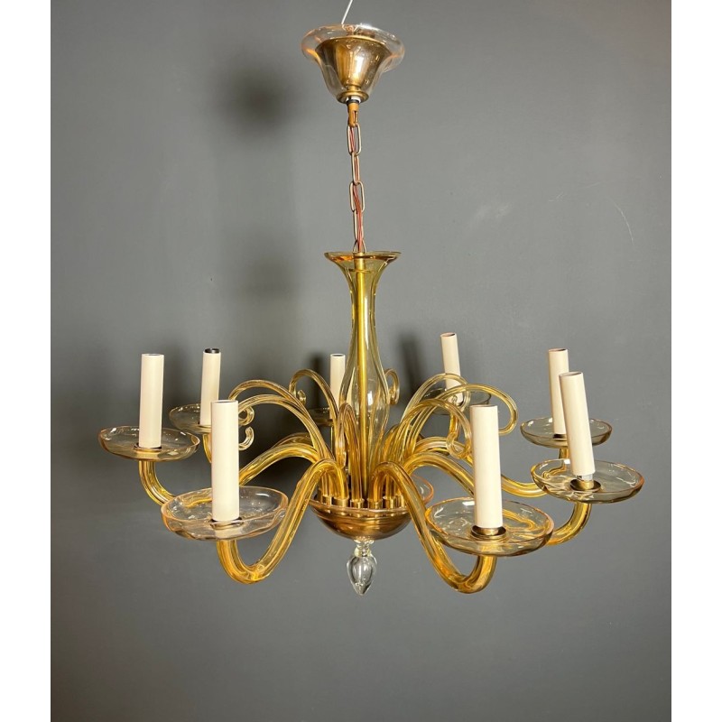Lustre en Cristal de Murano Ambré à 8 Bras, Travail Italien, vers 1970 – Maison BARROIS