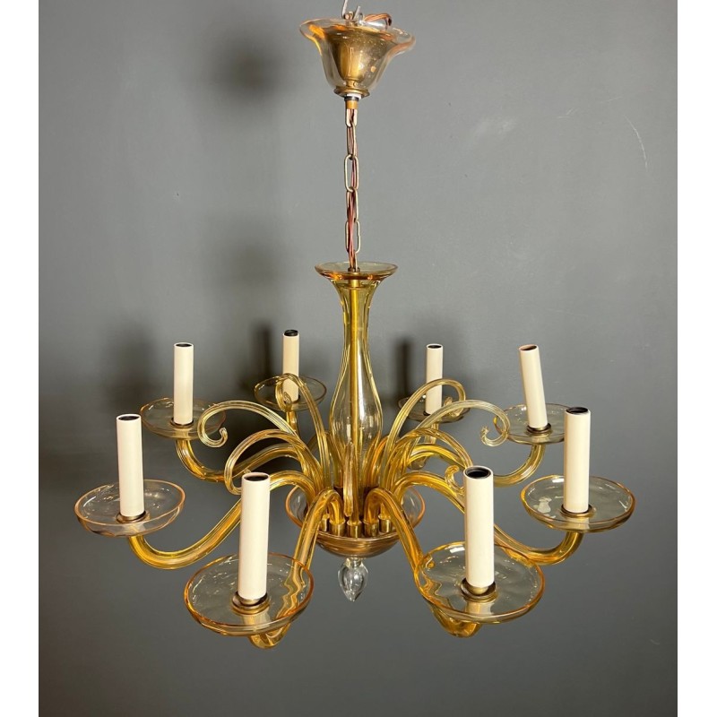 Eight-Arm Amber Murano Glass Chandelier, Italian Work, circa 1970 – Maison BARROIS