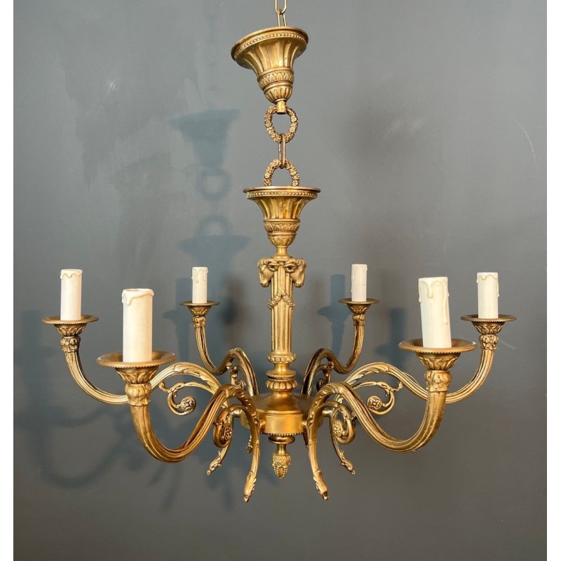 Bronze Chandelier with Ram’s Heads, Louis XVI Style, Manner of Maison Jansen, circa 1940 – Maison BARROIS