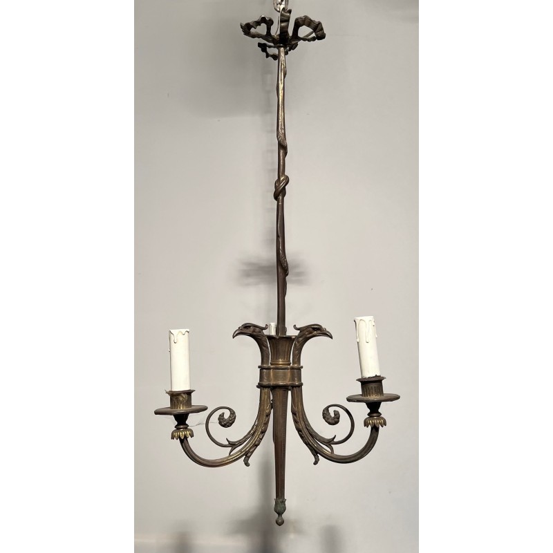 Lustre de Style Empire en Bronze à 3 Bras de Lumières Surmontées de Têtes d'Aigles. Travail Français. Vers 1900
